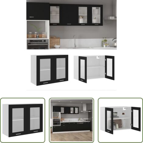 Armadio cucina -  Mobile Pensile con Vetro “Lyon” Nero 80x31x60 cm