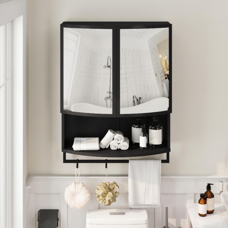 Armadio da bagno 60 cm, ante in vetro e specchio - Doppio vano, ripiano aperto, stile moderno arrotondato - Nero