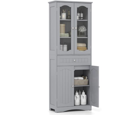 Armadio da bagno alto 160cm con 2 porte in vetro 2 ripiani regolabili e 1 cassetto, Mobile autonomo per cucina Grigio