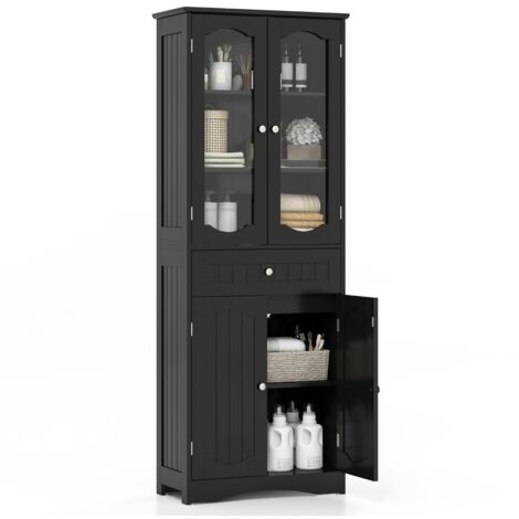Armadio da bagno alto 160cm con 2 porte in vetro 2 ripiani regolabili e 1 cassetto, Mobile autonomo per cucina Nero