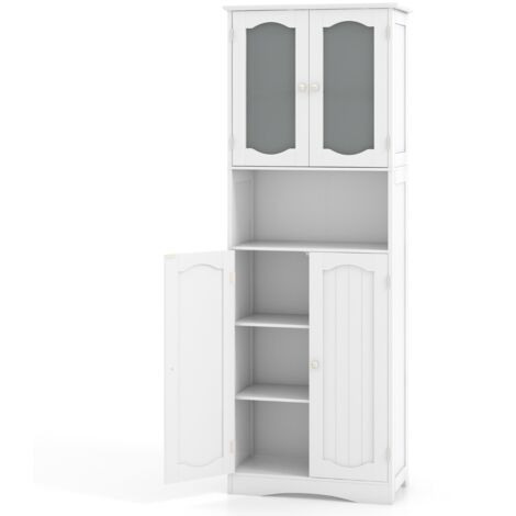 Armadio da bagno alto 164cm con porte in vetro satinato e ripiani, Mobile autonomo per cucina soggiorno ufficio Bianco