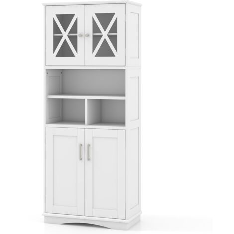 Armadio da bagno alto con porte in acrilico e 3 cubi, Armadio da terra salvaspazio con ripiani regolabili Bianco