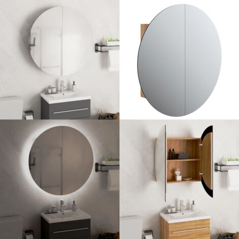 Armadio da Bagno con Specchio Rotondo e LED Rovere 54x54x17,5cm - Specchio rotondo - Armadio con specchio
