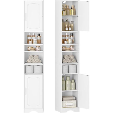 Armadio da Bagno, Mobile Alto Con Scomparti Aperti e 2 Ante, Ripiani Regolabili, Mobiletto Bagnos Salvaspazio, Per Bagno, Soggiorno, Camera Da Letto, Bianco