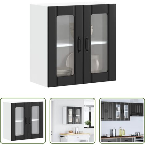 Armadio da cucina -  Pensile da Cucina con Porta in Vetro Lucca Nero Truciolato