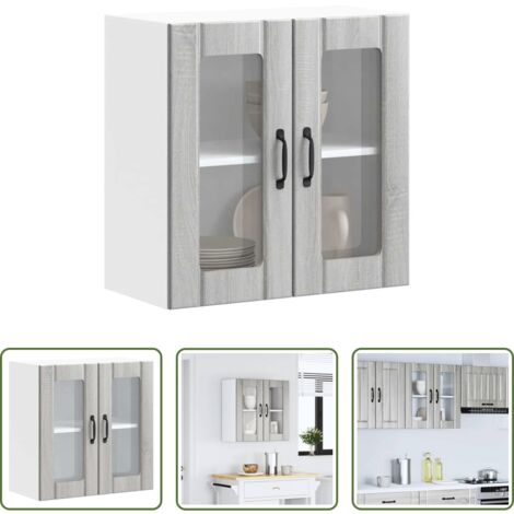 Armadio da parete -  Pensile da Cucina con Porta in Vetro Lucca Grigio Sonoma