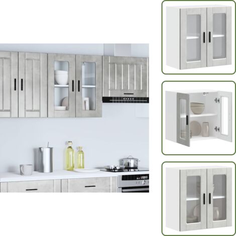 Armadio da parete - vidaXL Pensile da Cucina con Porta in Vetro Porto Grigio Cemento - Armadio in vetro