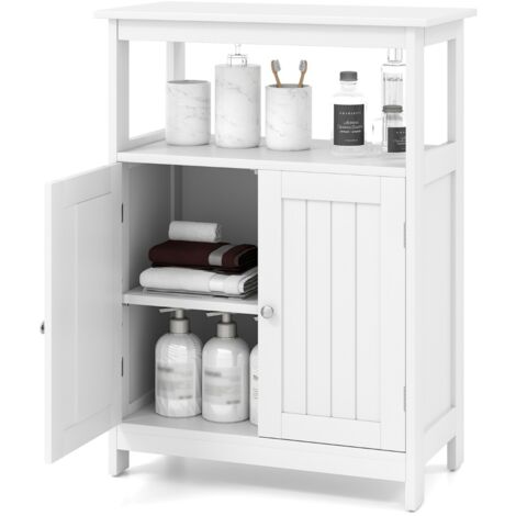 Armadio da pavimento per bagno con scomparto aperto, Organizzatore di stoccaggio con 2 porte e ripiano regolabile Bianco