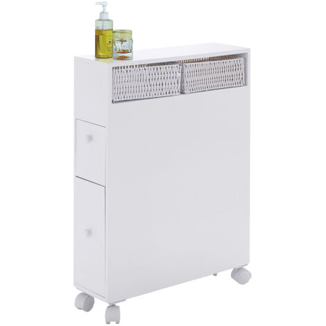 Armadio di legno con cassetti cesti e porta scopino del water, Credenza con ruote per piccoli spazi Bianco
