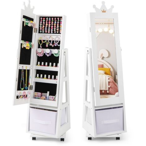 Armadio gioielli per bambini con base girevole, Specchio da trucco per bambini con spazio di stoccaggio Bianco