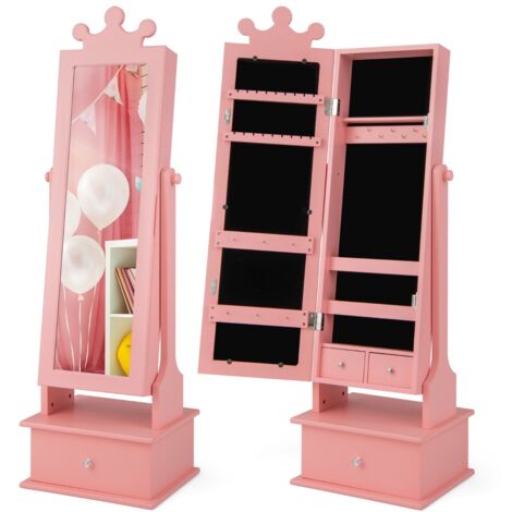 Armadio gioielli per bambini con specchio a tutta lunghezza 3 cassetti angoli regolabili, Specchio da toeletta Rosa