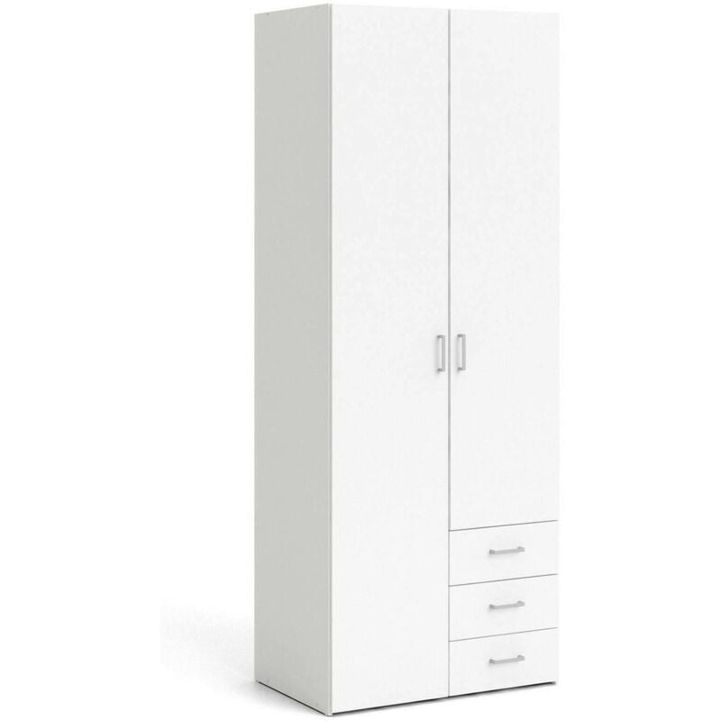 Armadio guardaroba a due ante e tre cassetti, colore bianco, Misure 77 x 200 x 49,5 cm, con imballo rinforzato - Dmora