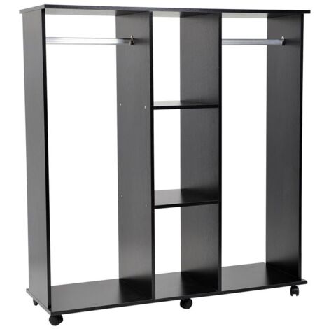 ARMADIO GUARDAROBA A 5 RIPIANI CON RUOTE E BARRE APPENDIABITI 120X40X128CM NERO
