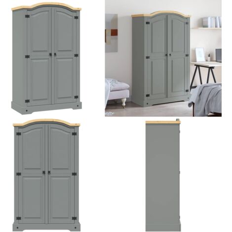 Armadio in Legno di Pino Messicano Corona 2 Ante Grigio - Armadio con ante - Armadio con barra appendiabiti