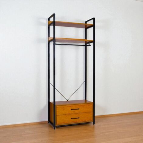 Armadio in metallo nero 80x37 cm doppio cassetto ripiani legno e appendiabiti