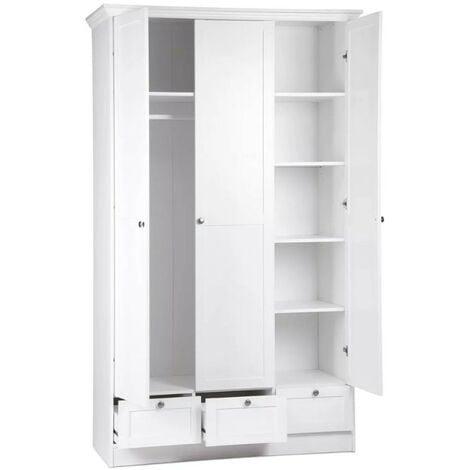 Armadio a giorno angolare 213-163x205h cm in legno bianco con tre cassetti  ripiani e tenda 