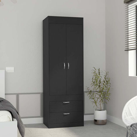 Armadio Lisboa in Legno Nero con 2 Cassetti e Binario di Sospensione, Dimensioni 178,81 cm x 59,18 cm x 48 cm