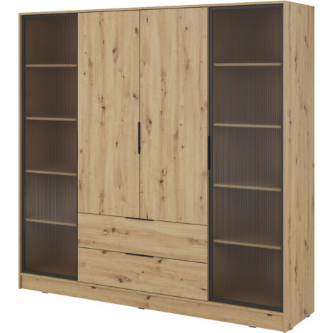 Armadio moderno in rovere, realizzato a mano, con ante in vetro - Dimensioni 206 x 200 x 51 cm - Stile rustico e senza tempo