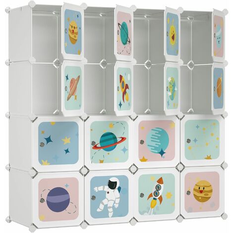 Armadio Modulare per Bambini, Guardaroba in Plastica, Organizzatore a 16 Scomparti, 4 Barre di Sospensione, 123 x 41 x 123 cm, Bianco