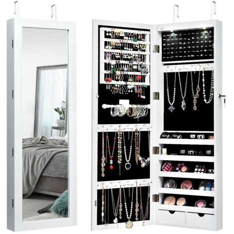 Armadio per gioielli con specchio e luci LED, Organizer al muro o sulla porta con ganci regolabili Bianco