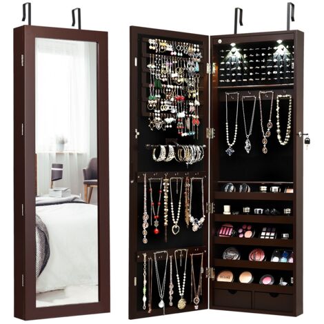 Armadio per gioielli con specchio e luci LED, Organizer al muro o sulla porta con ganci regolabili Marrone
