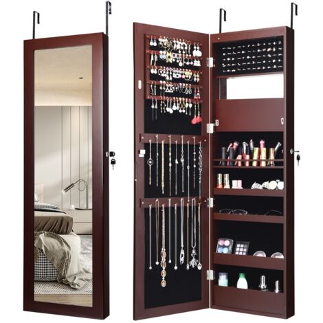 Armadio per gioielli con specchio LED 119cm di altezza, Armadio per gioielli montabile a parete o porta Marrone