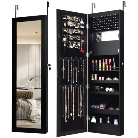 Armadio per gioielli con specchio LED 119cm di altezza, Armadio per gioielli montabile a parete o porta Nero