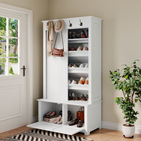 Armadio per scarpe 100x50x180cm, scaffali inclinati, ampio spazio per borse e ganci appendiabiti, MDF bianco per corridoio