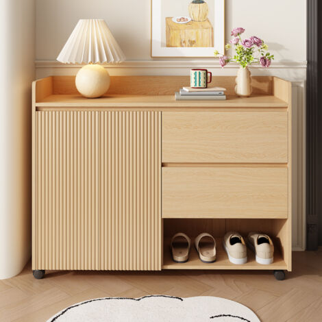 Armadio per Scarpe con Ruote 110x35x86 cm, 6 Ripiani Regolabili, Anta a Chiusura Morbida, Design Curvo, Sistema di Sicurezza con Blocco