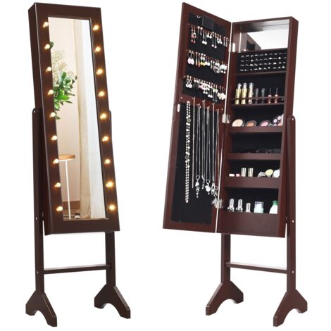 Armadio portagioie con 18 luci LED, Organizer per tutti i tipi di gioielli con specchio a figura intera Marrone