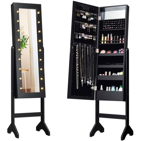 Armadio portagioie con 18 luci LED, Organizer per tutti i tipi di gioielli con specchio a figura intera, Nero