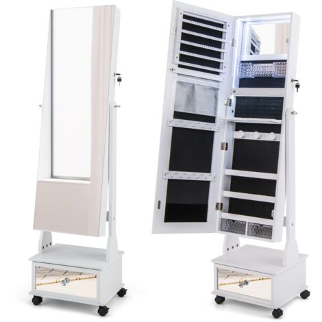 Armadio portagioie con ruote luci LED specchietto trucco ripiano pieghevole, Armadietto portagioie alto 159cm Bianco