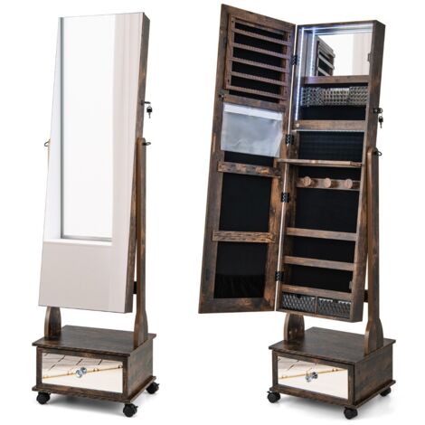 Armadio portagioie con ruote luci LED specchietto trucco ripiano pieghevole, Armadietto portagioie alto 159cm Caffè