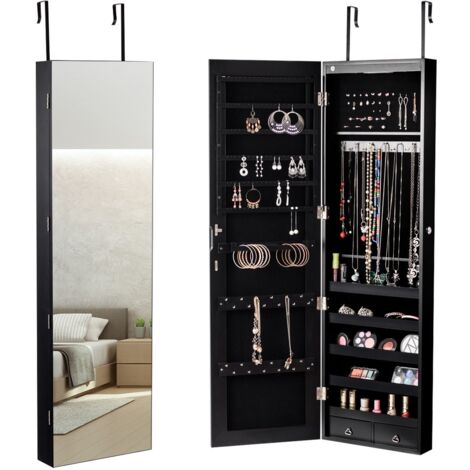 Armadio portagioie con specchio in legno a parete con LED interno 35,5x10x120cm Nero