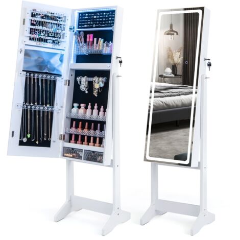 Armadio portagioie in piedi luci LED specchio figura intera Armadio 3 angoli regolabili Bianco