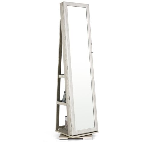 Armadio portagioielli girevole a 360° con specchio, Organizer gioielli 2 in 1 a figura intera, Bianco