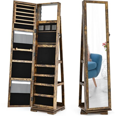 Armadio portagioielli girevole a 360° con specchio, Organizer gioielli 2 in 1 a figura intera, Naturale