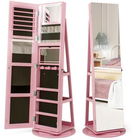 Armadio portagioielli girevole con specchio a figura intera luci LED, Organizer da terra di gioielli Rosa