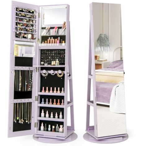 Armadio portagioielli girevole con specchio a figura intera luci LED, Organizer da terra di gioielli Viola