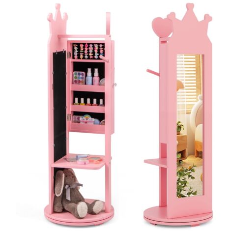 Armadio portagioielli per bambini con base girevole e ampia capacità di archiviazione, Specchio a figura intera Rosa