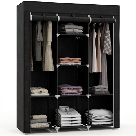 Armadio salvaspazio in tessuto nero con 8 ripiani, 125 x 43 x 162,5 cm. Ideale per la camera da letto, ottimizza lo spazio verticale e offre ampio spazio contenitivo.