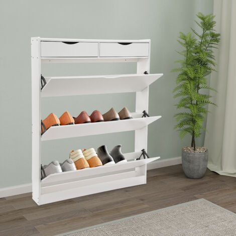 Armadio scarpe bianco, armadio scarpe 3 piani con coperchio, armadio scarpe con 2 cassetti