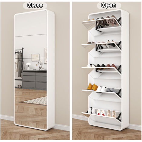 Armadio scarpiera 63x19x176cm anta a specchio 5 ripiani MDF bianco ingresso organizzato