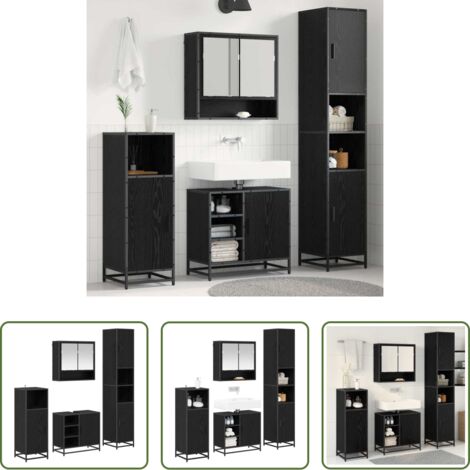 Armadio specchio -  Set di mobili per il bagno 4 pcs Rovere Nero Legno multistrato