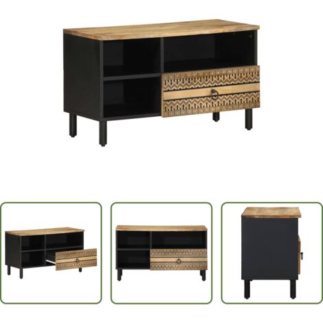 Armadio TV -  Mobile Porta TV Nero 80x33,5x46 cm Legno Massello Mango Grezzo
