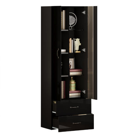 Armadio Vetrina 59,5x35x182,5 cm, Salvaspazio con USB LED e Cassetti, Ripiani Regolabili in Legno Nero, per Casa