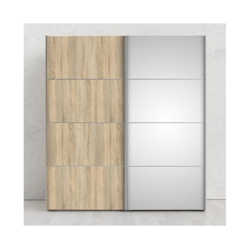 

Armario 182x200H cm Roble con puerta corredera de espejo y Cómoda interior | Roble claro