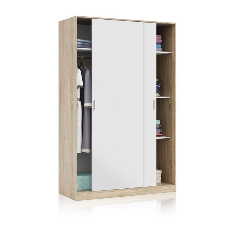

Armario ropero para dormitorio 2 puertas correderas color blanco mate y roble 200x120x50 cm