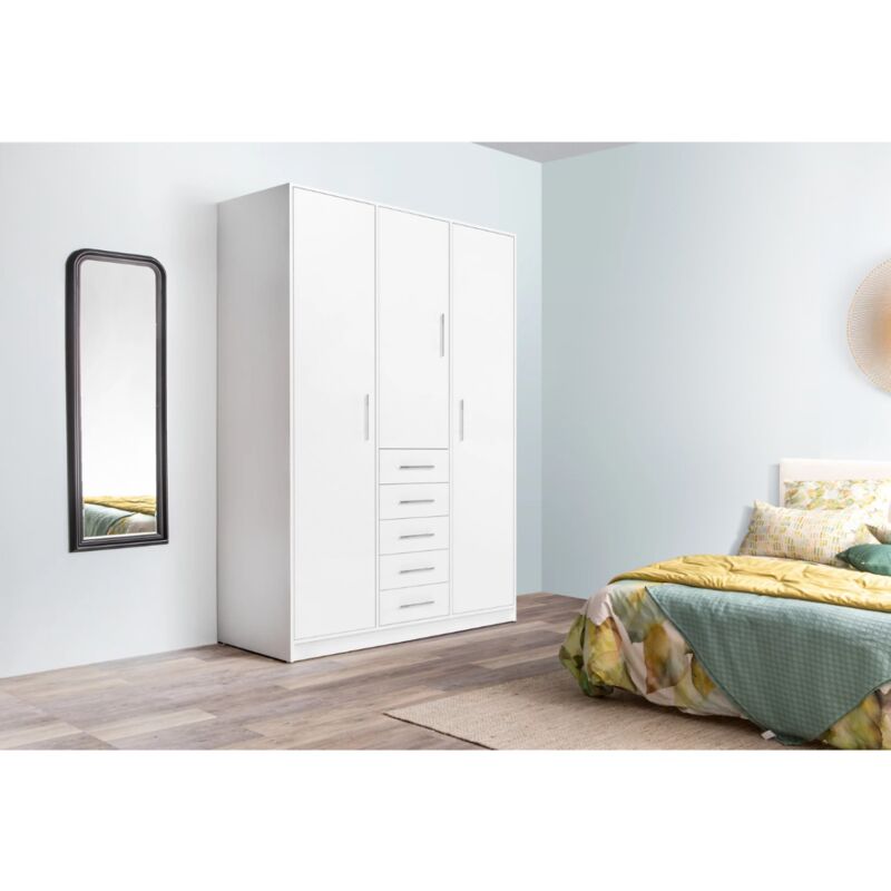 

Armario 3 puertas abatibles 5 cajones acabado roble o blanco 200 cm(alto)130 cm(ancho)50 cm(fondo) Color BLANCO