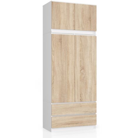 Armario AKORD S90 con altillo Blanco 90 cm 2 puertas 2 cajones frente en color Roble Sonoma 6 estantes 90x51x234 cm